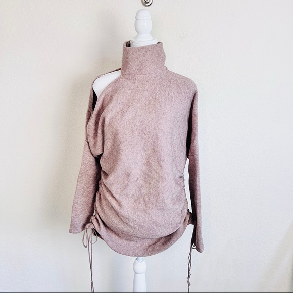 NWT Heathered Cream Knit Asymmetrical Cut Out Ruched Turtle Neck Sweater Dress - Picture 1 of 10